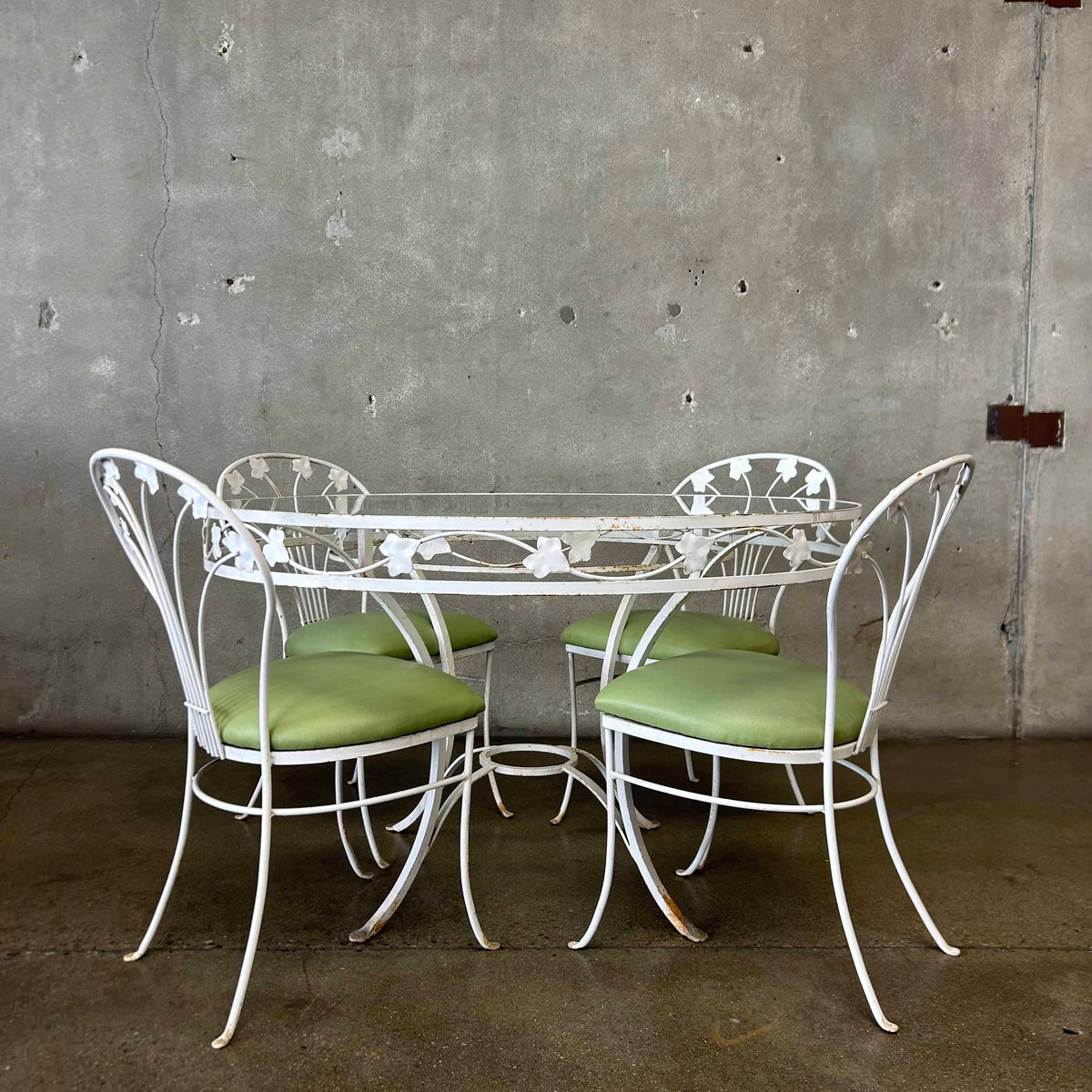 Vintage Iron & Glass Dining Table With Four Chairs