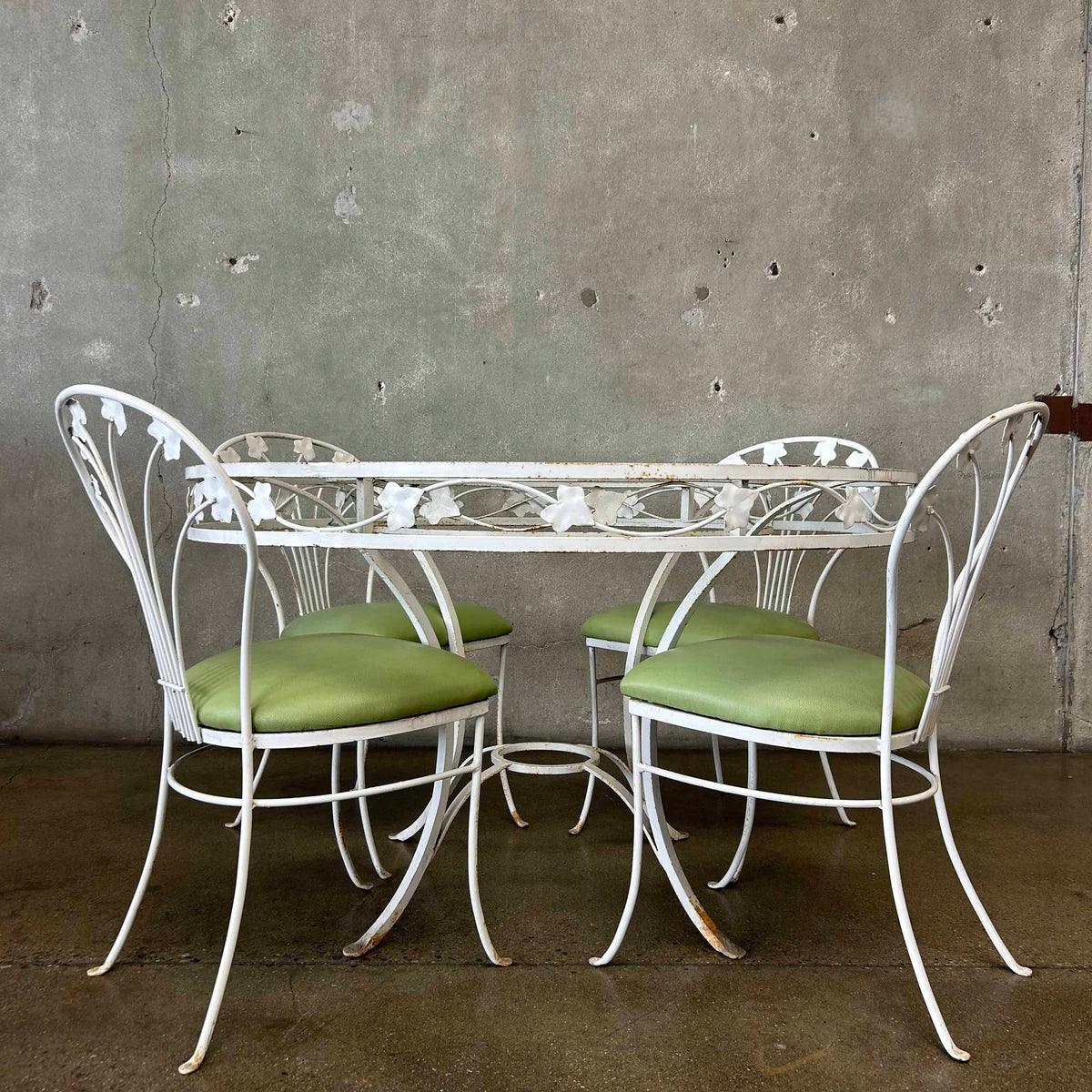 Vintage Iron & Glass Dining Table With Four Chairs