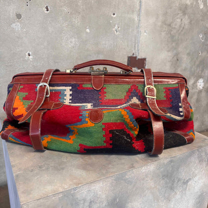 Vintage Kilim Carpet Duffle Bag With Leather Trim