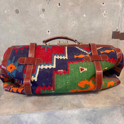 Vintage Kilim Carpet Duffle Bag With Leather Trim