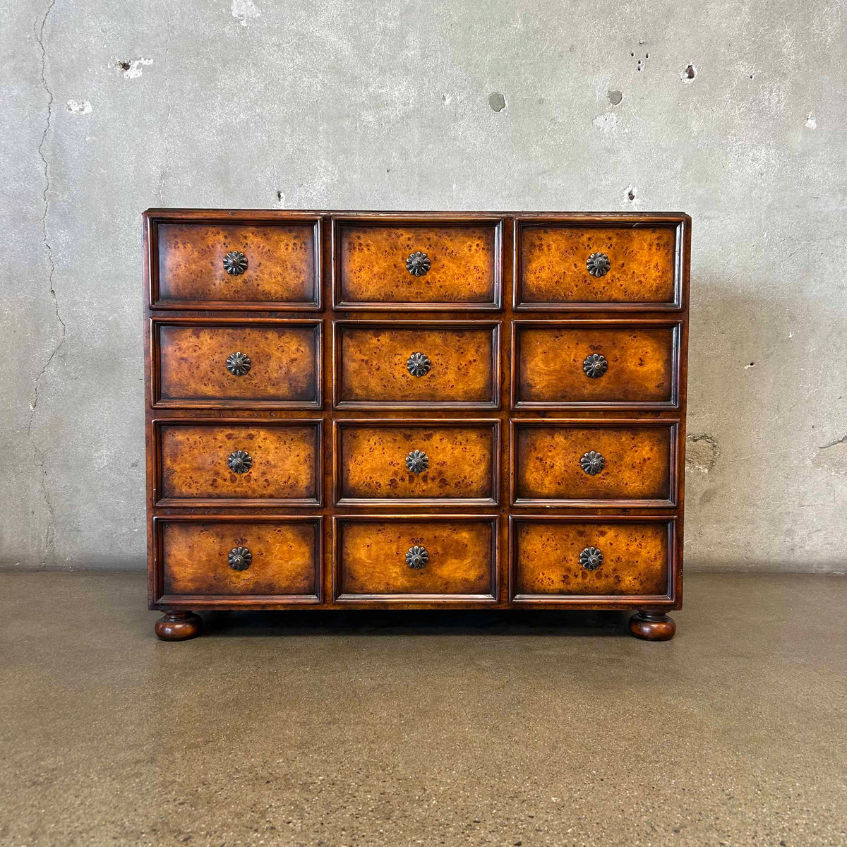 Vintage Burl Wood 12 Drawer Cabinet w/ Brass Knobs & Handles