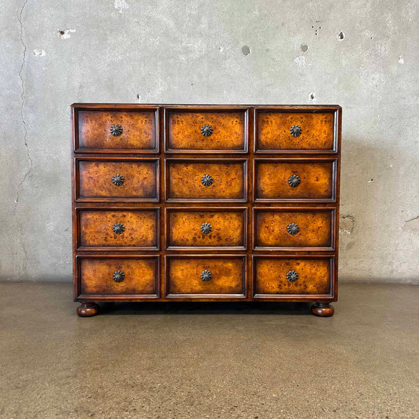 Vintage Burl Wood 12 Drawer Cabinet w/ Brass Knobs & Handles