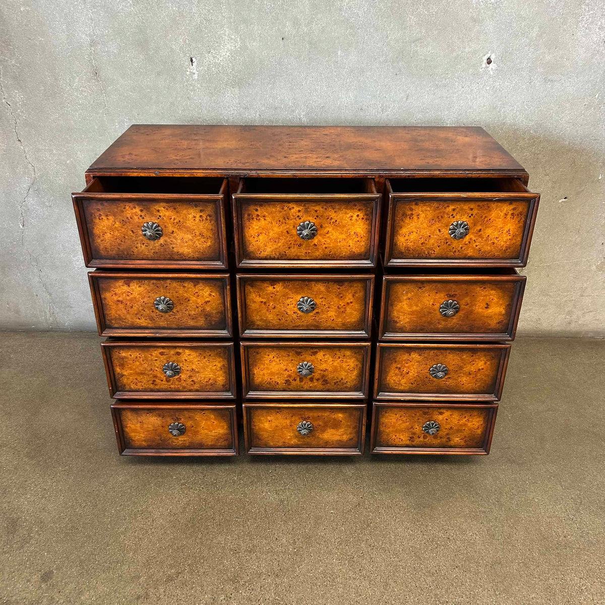 Vintage Burl Wood 12 Drawer Cabinet w/ Brass Knobs & Handles