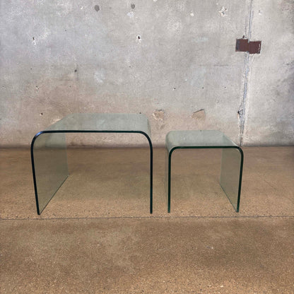 Set of Two Mid Century Modern Bent Glass Waterfall Tables - Signed by Artist