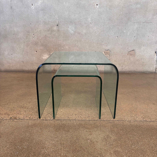 Set of Two Mid Century Modern Bent Glass Waterfall Tables - Signed by Artist