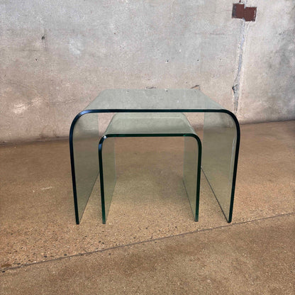 Set of Two Mid Century Modern Bent Glass Waterfall Tables - Signed by Artist
