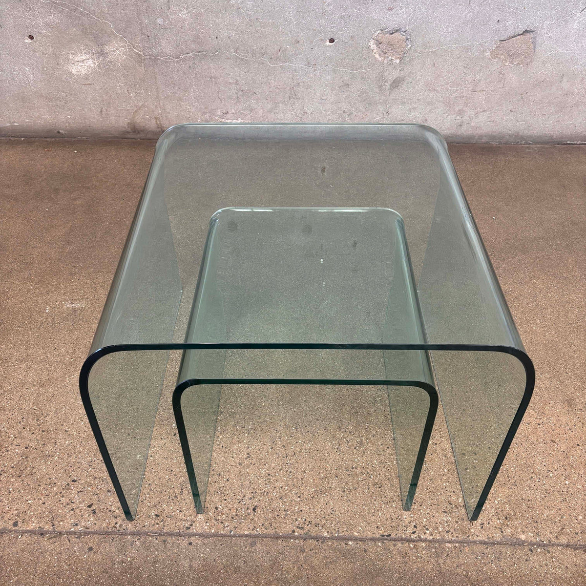 Set of Two Mid Century Modern Bent Glass Waterfall Tables - Signed by Artist