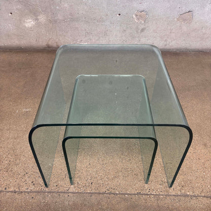 Set of Two Mid Century Modern Bent Glass Waterfall Tables - Signed by Artist