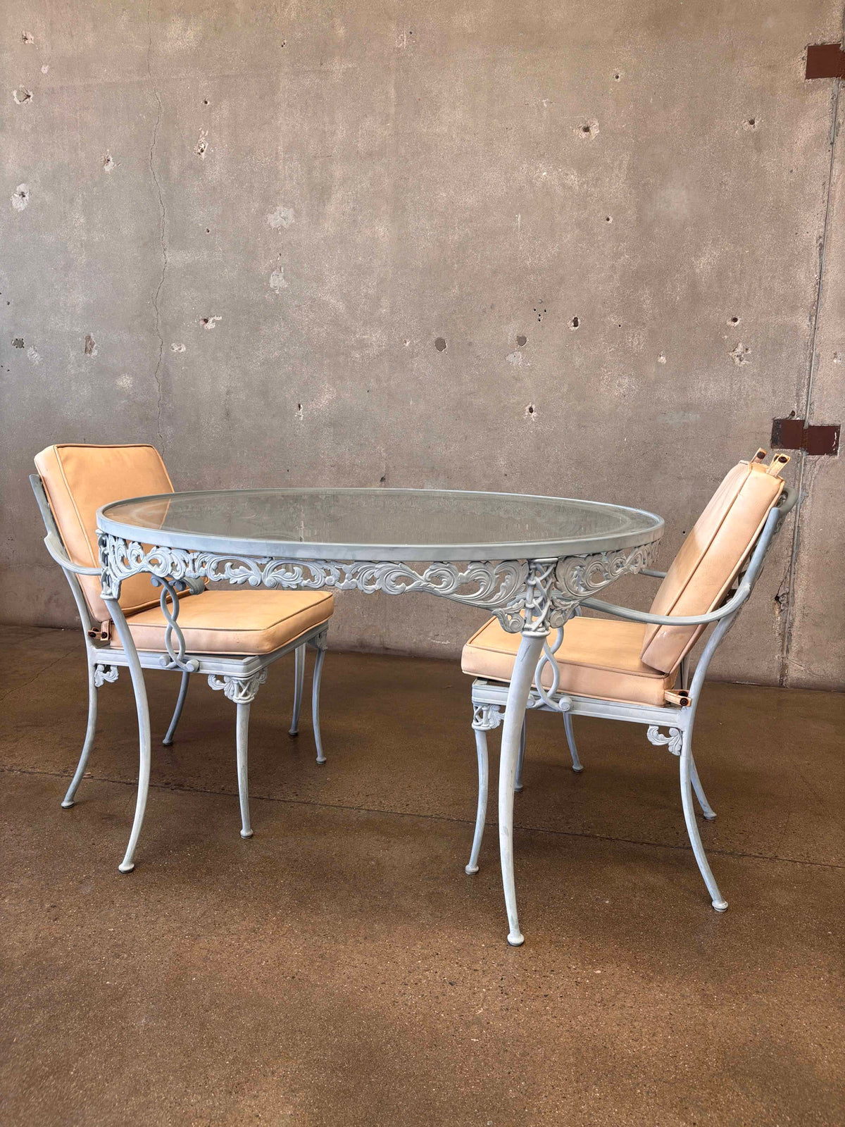 Brown Jordan Round Glass Top Table & Two Chairs