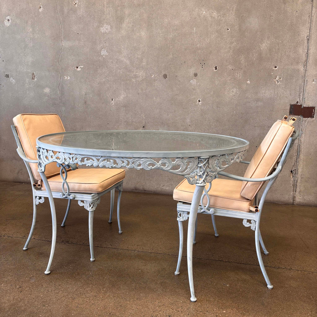 Brown Jordan Round Glass Top Table & Two Chairs