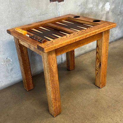 Vintage Oak & Leather Backgammon Table With Bakelite Chips