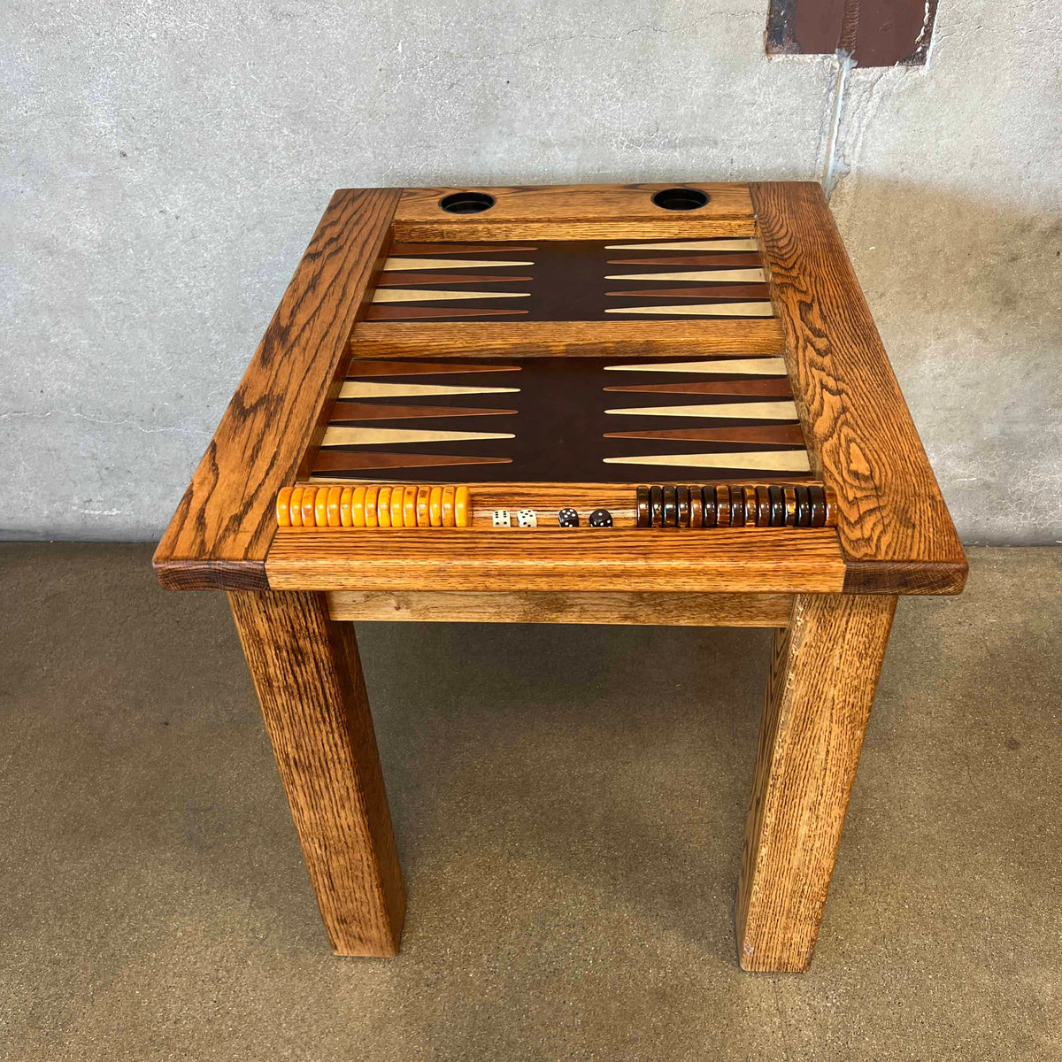 Vintage Oak & Leather Backgammon Table With Bakelite Chips