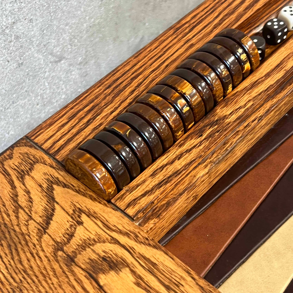 Vintage Oak & Leather Backgammon Table With Bakelite Chips