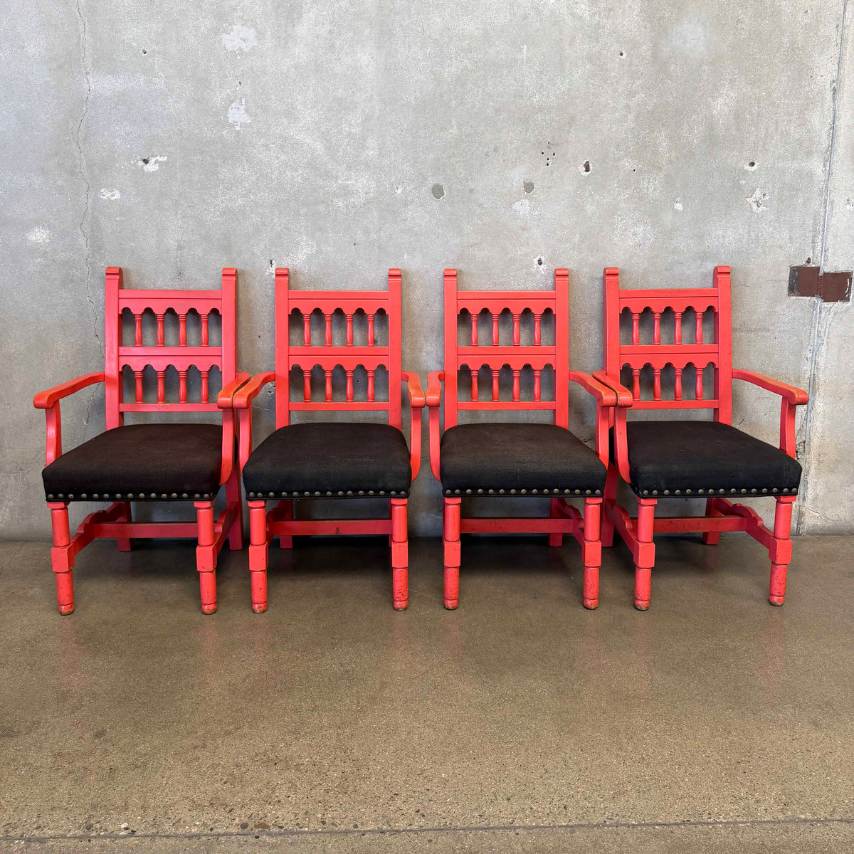 Set of 4 Hardwood Spanish Colonial Revival Spindle Back Arm Chairs