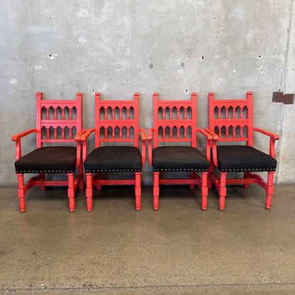 Set of 4 Hardwood Spanish Colonial Revival Spindle Back Arm Chairs
