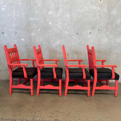 Set of 4 Hardwood Spanish Colonial Revival Spindle Back Arm Chairs