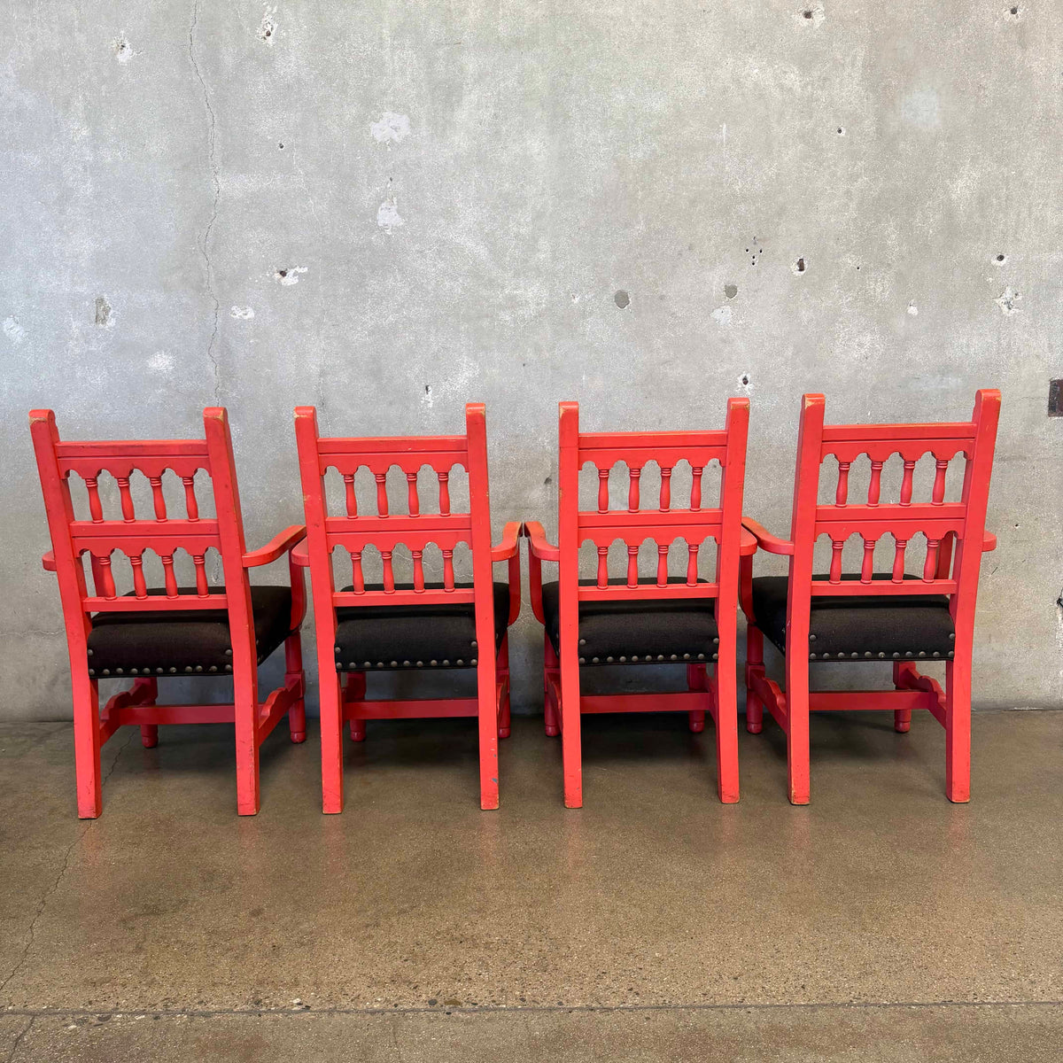 Set of 4 Hardwood Spanish Colonial Revival Spindle Back Arm Chairs