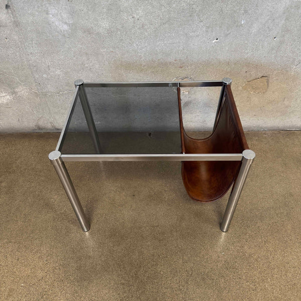 Vintage 1970s Chrome & Smoked Glass End Table With Magazine Rack