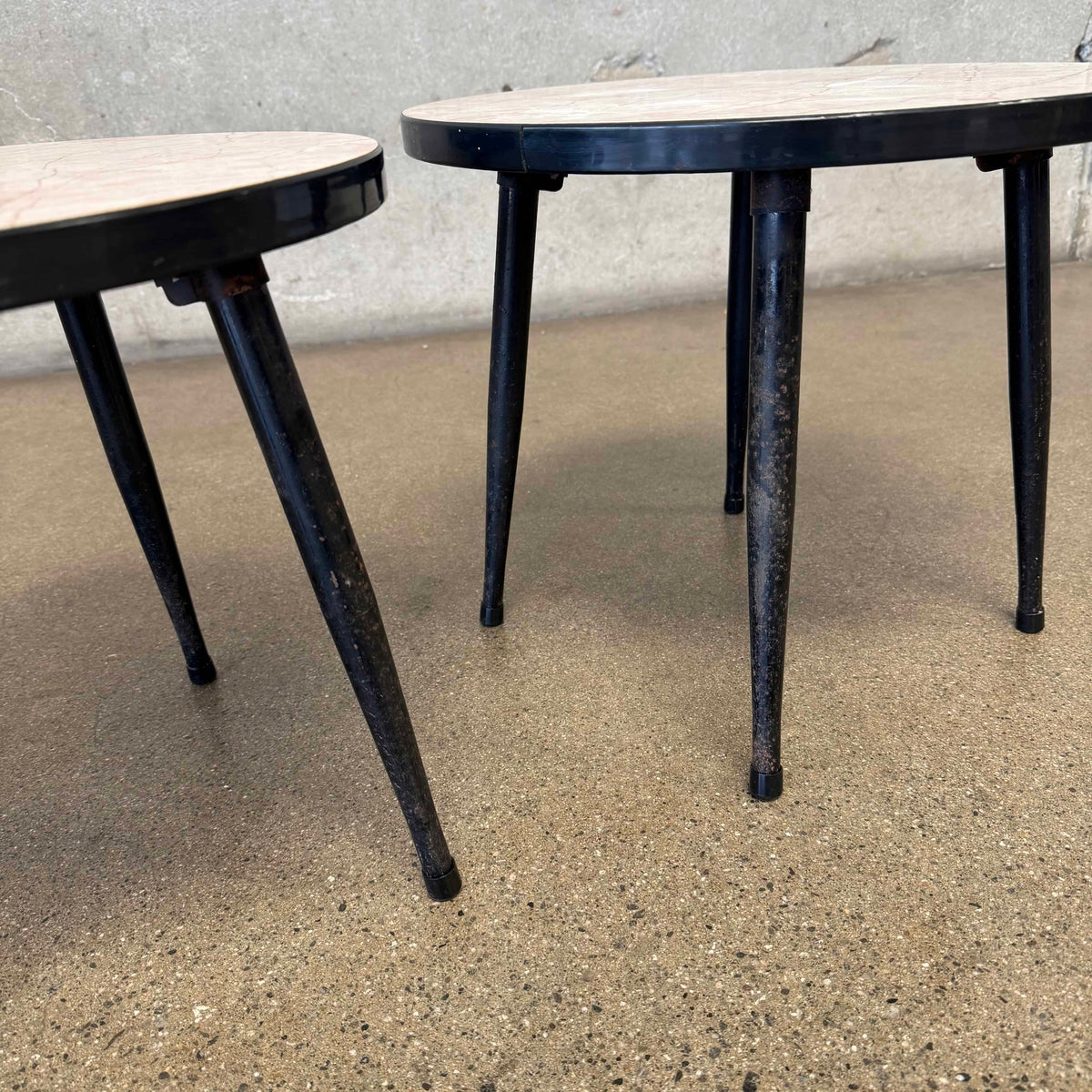Mid Century Pair Of Round End Tables (Faux Pink Marble, Metal Legs)