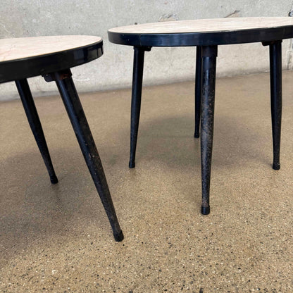 Mid Century Pair Of Round End Tables (Faux Pink Marble, Metal Legs)