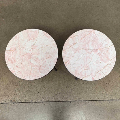 Mid Century Pair Of Round End Tables (Faux Pink Marble, Metal Legs)