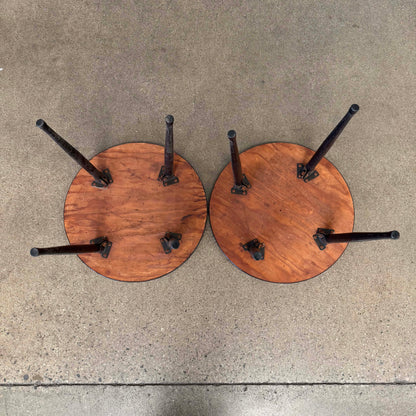Mid Century Pair Of Round End Tables (Faux Pink Marble, Metal Legs)