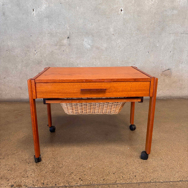 MCM Danish Teak Sewing Side Table w/ Slide Out Woven Rattan Basket Product Image