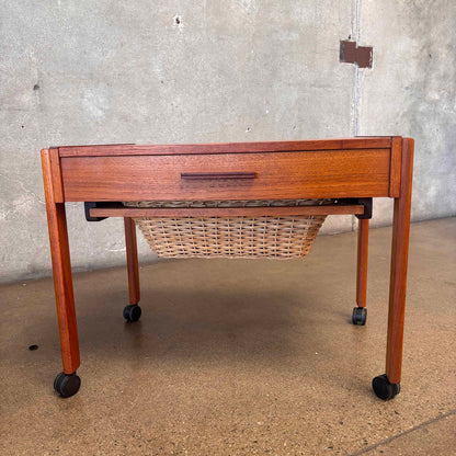 MCM Danish Teak Sewing Side Table w/ Slide Out Woven Rattan Basket