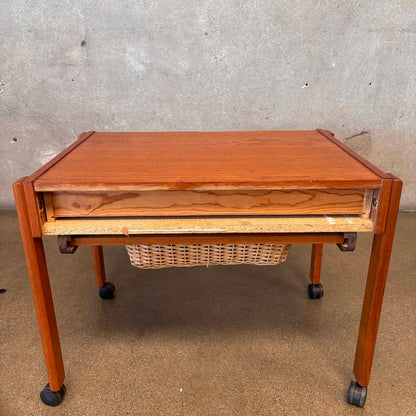 MCM Danish Teak Sewing Side Table w/ Slide Out Woven Rattan Basket