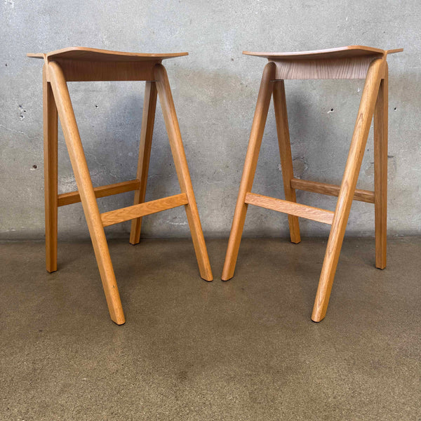 Pair of MCM Bent Plywood & Oak Bar Stools by Hay Copenhague