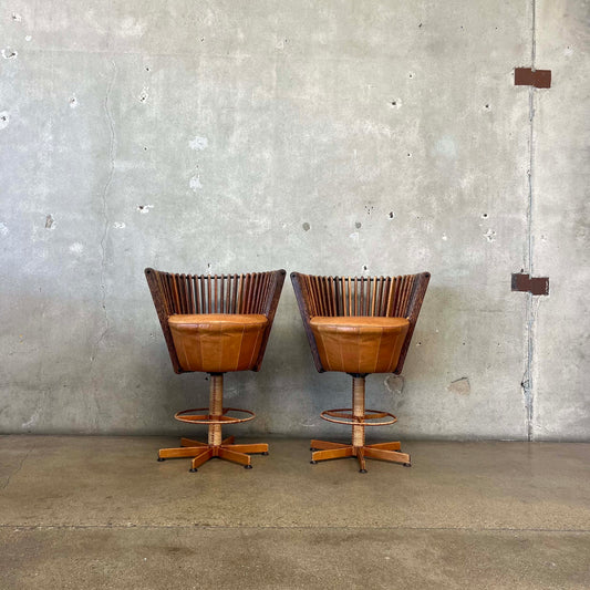 Pair of Vintage Pacific Green "Tavarua" Barstools - Palmwood & Leather
