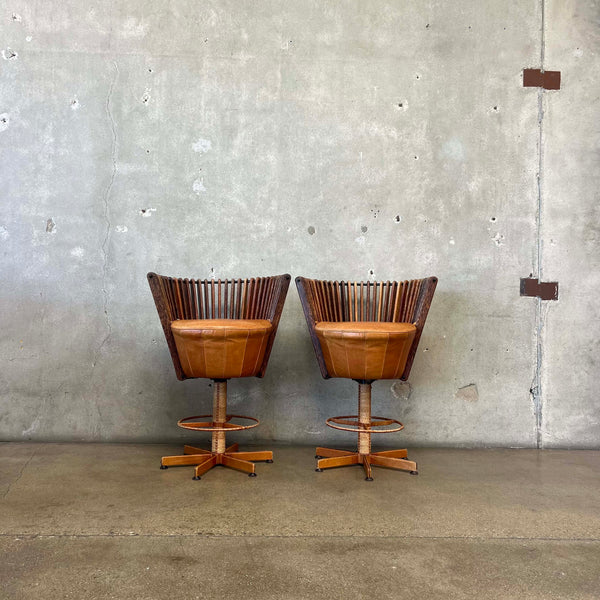 Pair of Vintage Pacific Green "Tavarua" Barstools - Palmwood & Leather