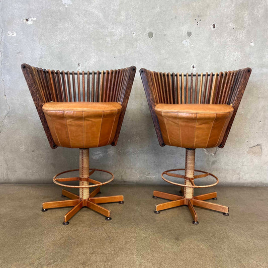 Pair of Vintage Pacific Green "Tavarua" Barstools - Palmwood & Leather
