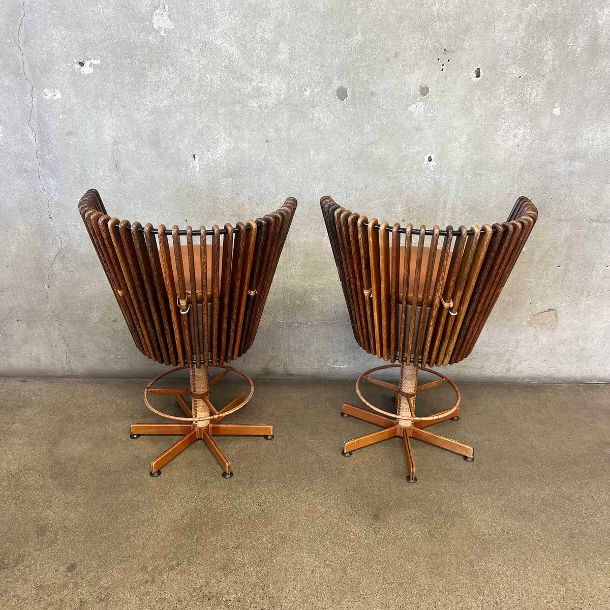 Pair of Vintage Pacific Green "Tavarua" Barstools - Palmwood & Leather