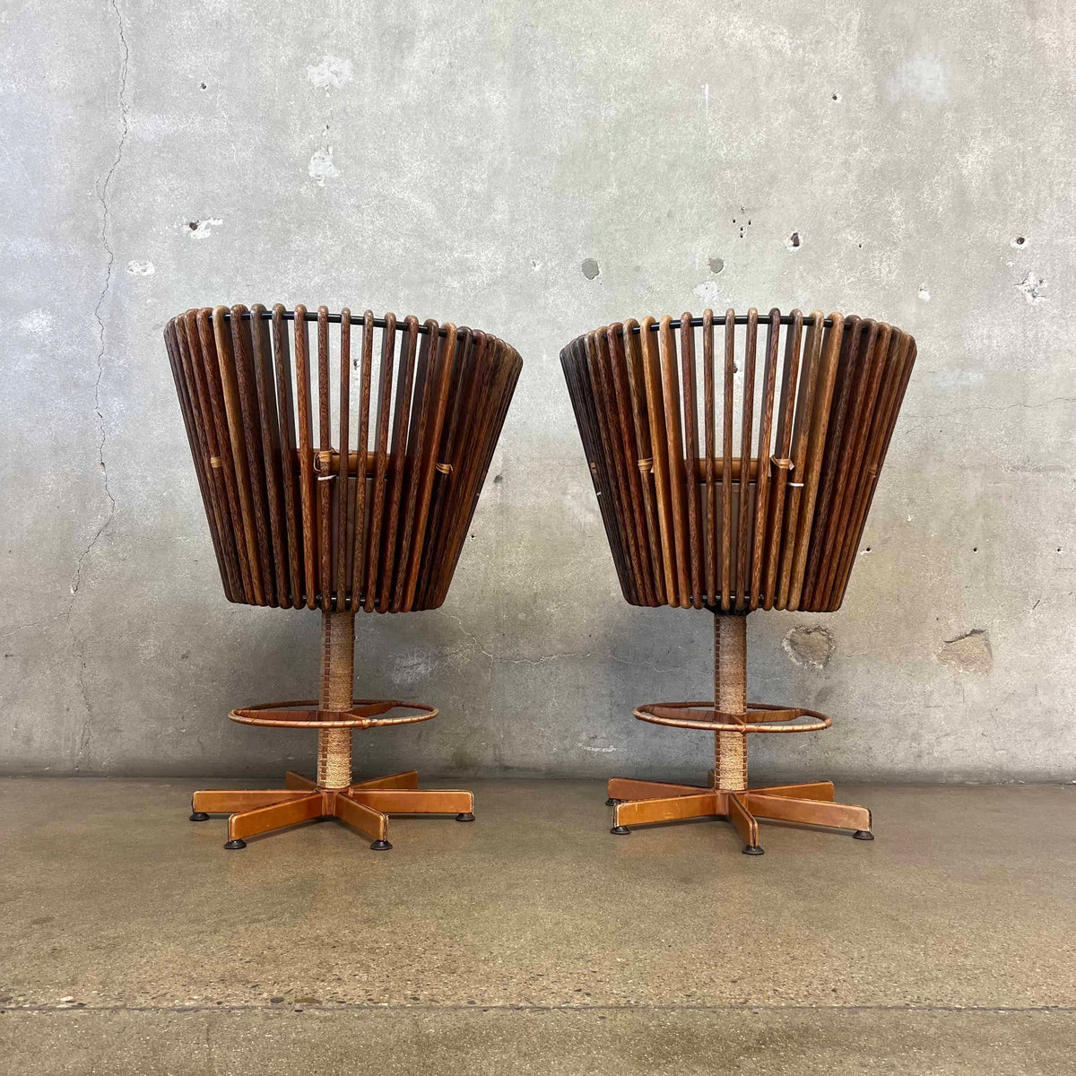 Pair of Vintage Pacific Green "Tavarua" Barstools - Palmwood & Leather