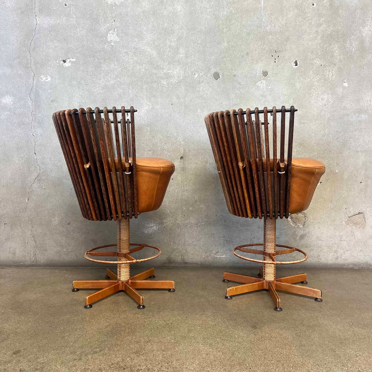 Pair of Vintage Pacific Green "Tavarua" Barstools - Palmwood & Leather