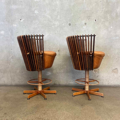 Pair of Vintage Pacific Green "Tavarua" Barstools - Palmwood & Leather