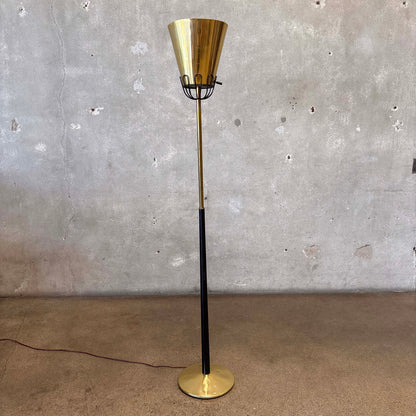 Mid Century Black Enamel & Brass Torchiere Floor Lamp