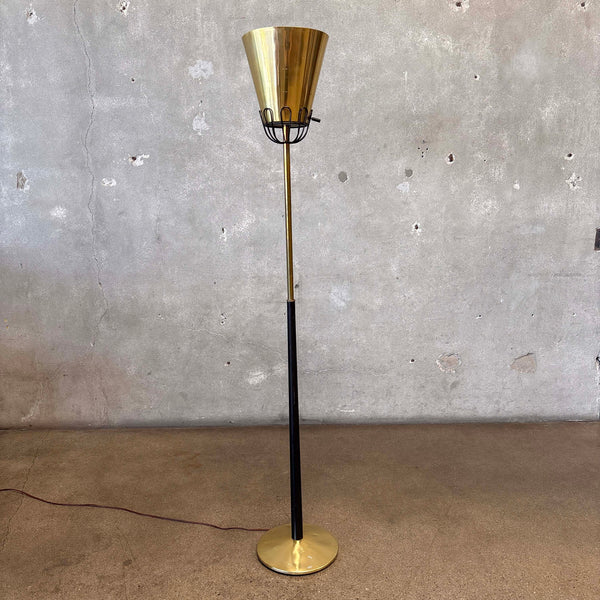Mid Century Black Enamel & Brass Torchiere Floor Lamp