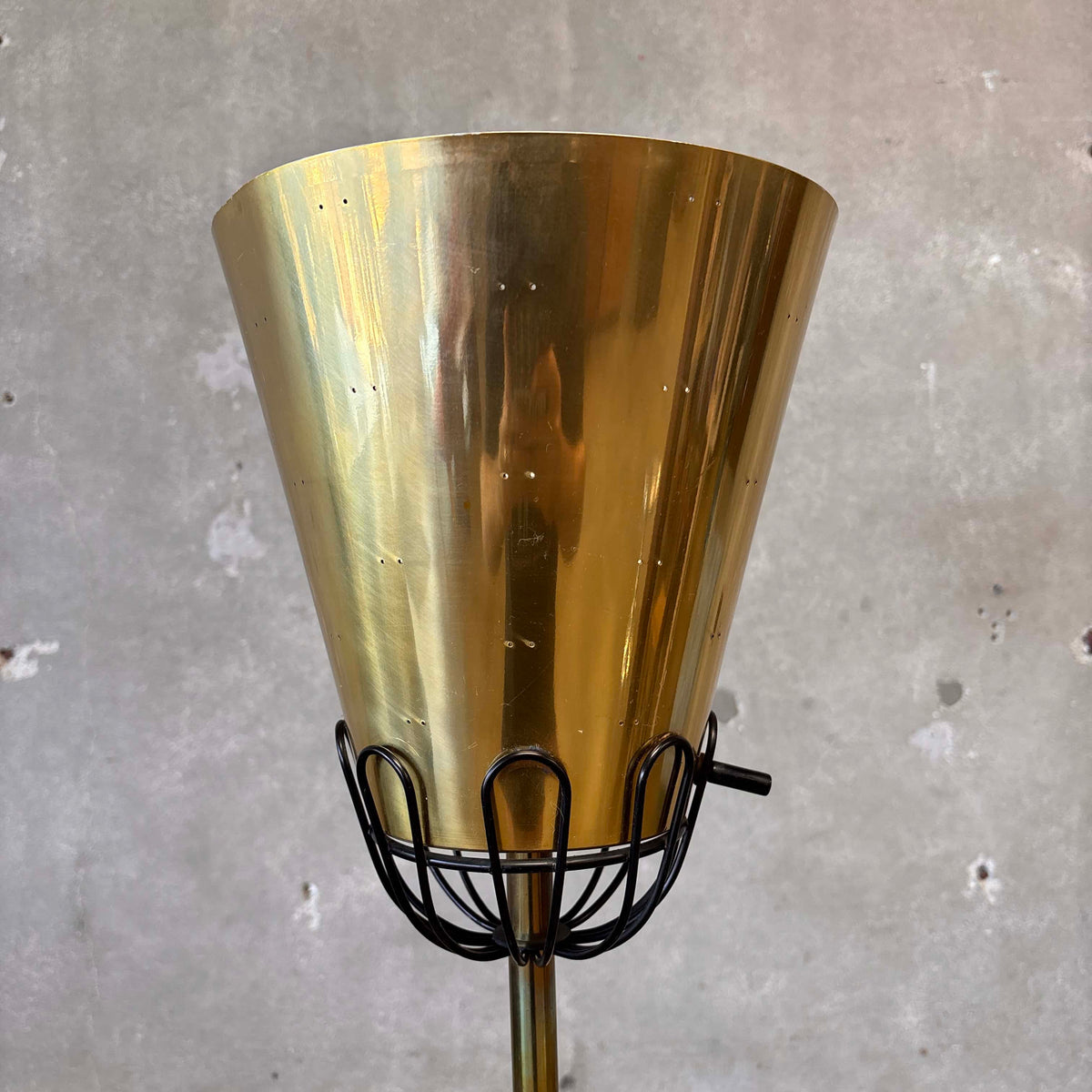 Mid Century Black Enamel & Brass Torchiere Floor Lamp