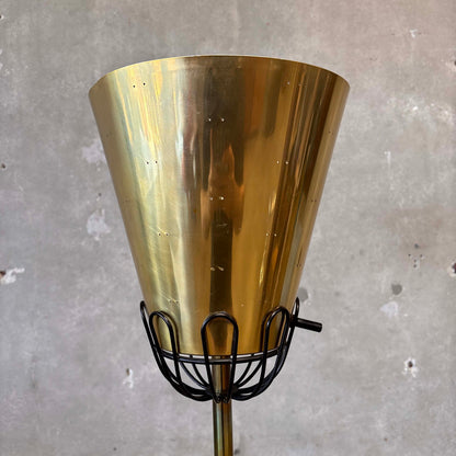 Mid Century Black Enamel & Brass Torchiere Floor Lamp