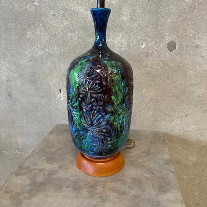 Mid Century Modern Monumental Blue Green Floral Etched Table Lamp
