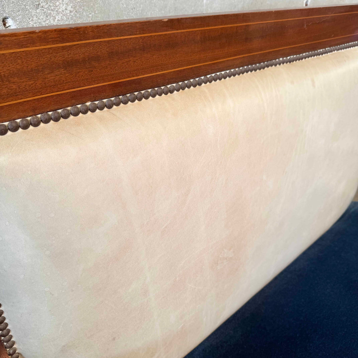 Antique French Settee in Cream Leather & Royal Blue Mohair