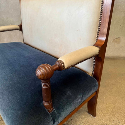 Antique French Settee in Cream Leather & Royal Blue Mohair