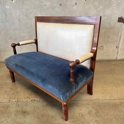 Antique French Settee in Cream Leather & Royal Blue Mohair