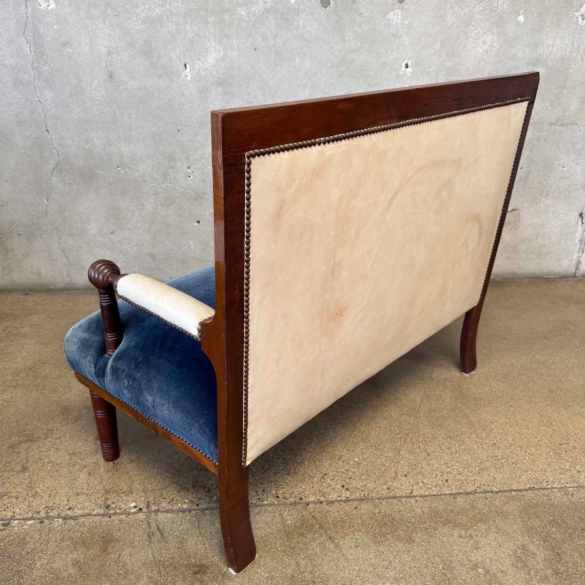 Antique French Settee in Cream Leather & Royal Blue Mohair