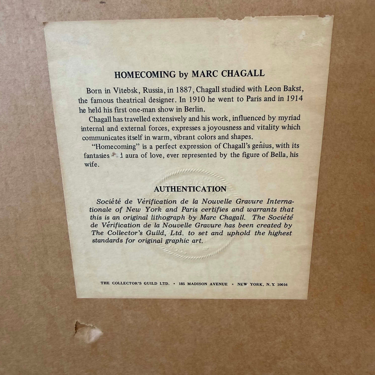 Chagall "Homecoming" 1973 Litho w/ C.O.A. on back