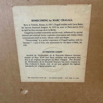 Chagall "Homecoming" 1973 Litho w/ C.O.A. on back