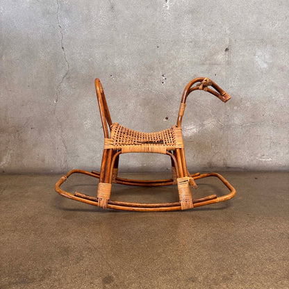 Mid Century Modern Franco Albine Style Rattan & Bamboo Rocking Horse C. 1960s