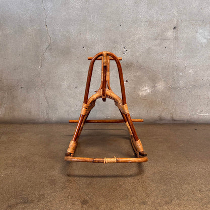 Mid Century Modern Franco Albine Style Rattan & Bamboo Rocking Horse C. 1960s